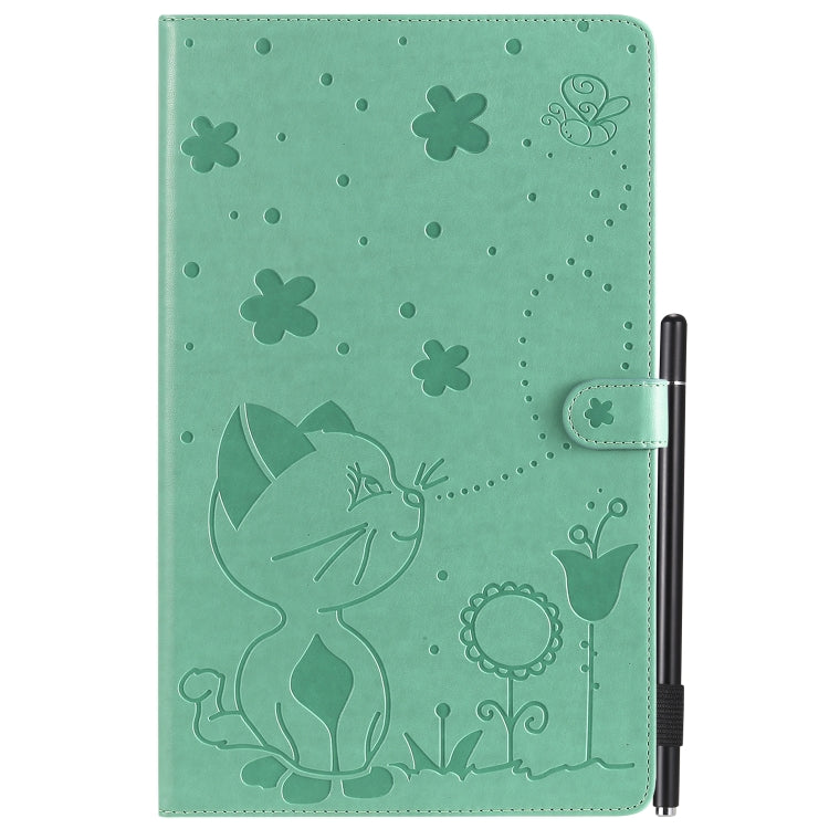 Green cat and flowers embossed folio for tablet, with cutouts and secure strap