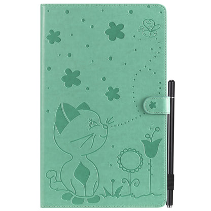 Green cat and flowers embossed folio for tablet, with cutouts and secure strap