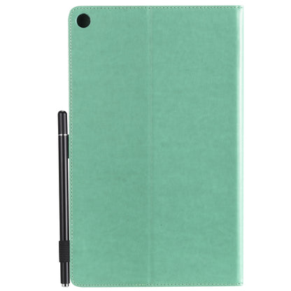 Green folio tablet case back with corner stitching and camera cutout