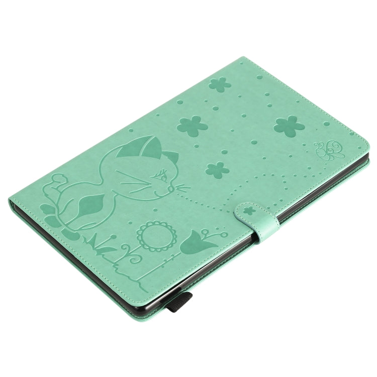 Green cat-pattern flip stand tablet cover with front flap and embossed motif