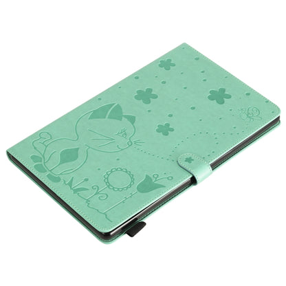 Green cat-pattern flip stand tablet cover with front flap and embossed motif