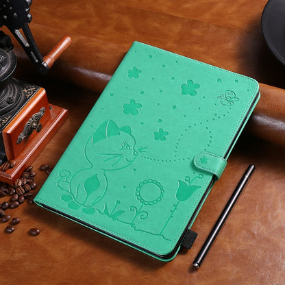 Green cat-embossed folio tablet case with pen slot and flip cover closure