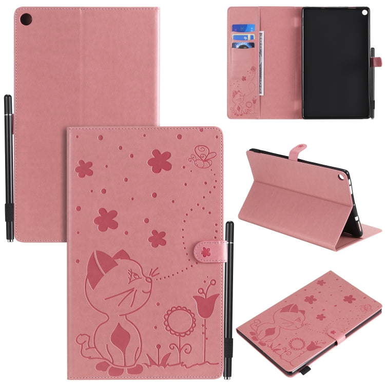 Pink cat-and-bee embossed flip tablet case with card slots and stand