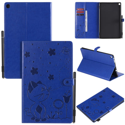 Blue cat-and-bee embossed flip tablet case with card slots and stand