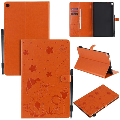 Orange cat-and-bee embossed flip tablet case with card slots and stand