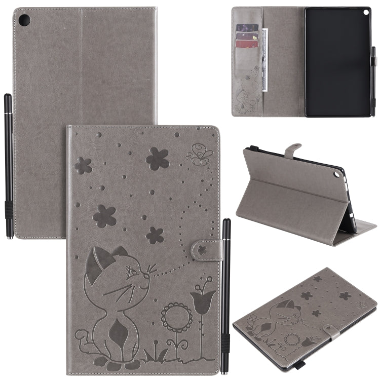 Grey cat-and-bee embossed flip tablet case with card slots and stand
