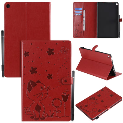 Red cat-and-bee embossed flip tablet case with card slots and stand