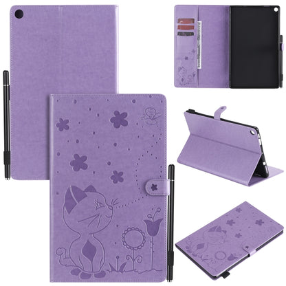 Purple cat-and-bee embossed flip tablet case with card slots and stand