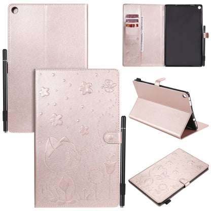 Rose-gold cat-and-bee embossed flip tablet case with card slots and stand