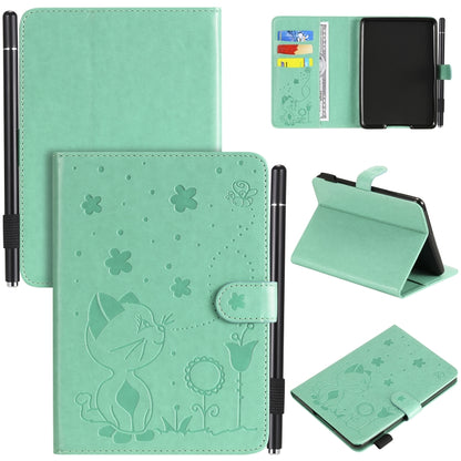 Green cat-and-bee embossed flip tablet case with card slots and stand