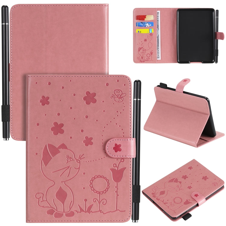 Pink cat-and-bee embossed flip tablet case with card slots and stand