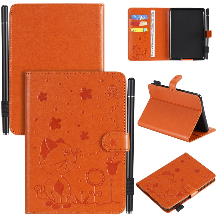 Orange embossed cat-and-bee flip leather case with card slots for Kindle tablet