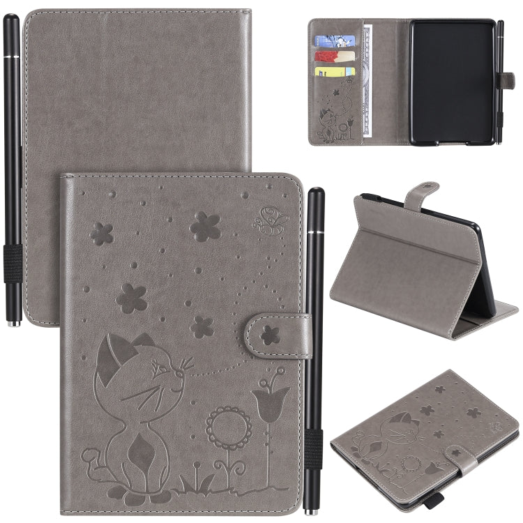 Gray embossed cat-and-bee flip leather case with card slots for Kindle tablet