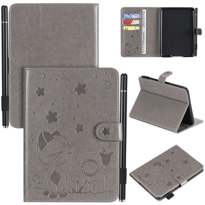 Gray embossed cat-and-bee flip leather case with card slots for Kindle tablet