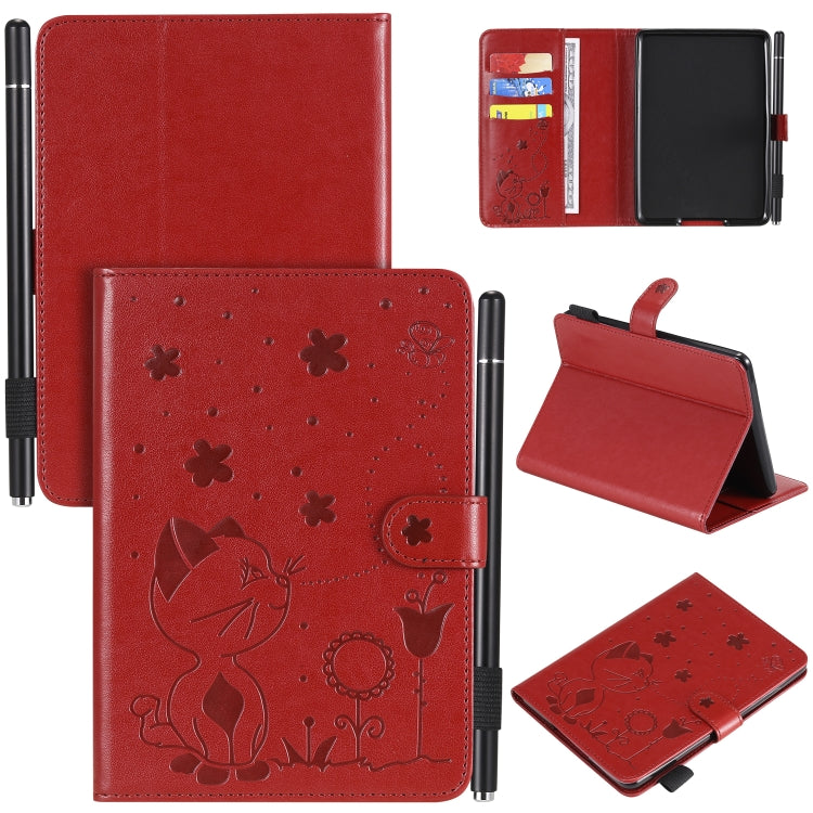 Red embossed cat-and-bee flip leather case with card slots for Kindle tablet