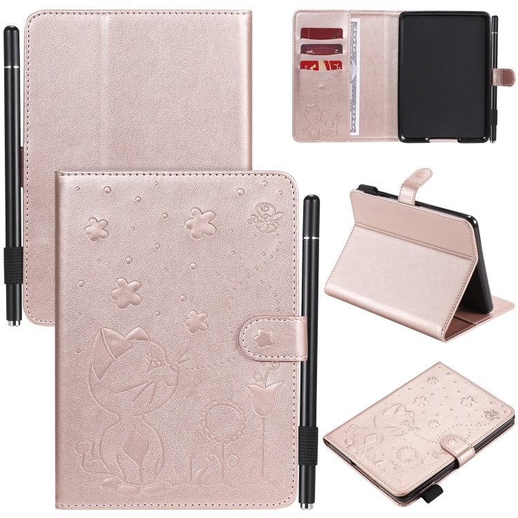 Rose gold embossed cat-and-bee flip leather case with card slots for Kindle tablet