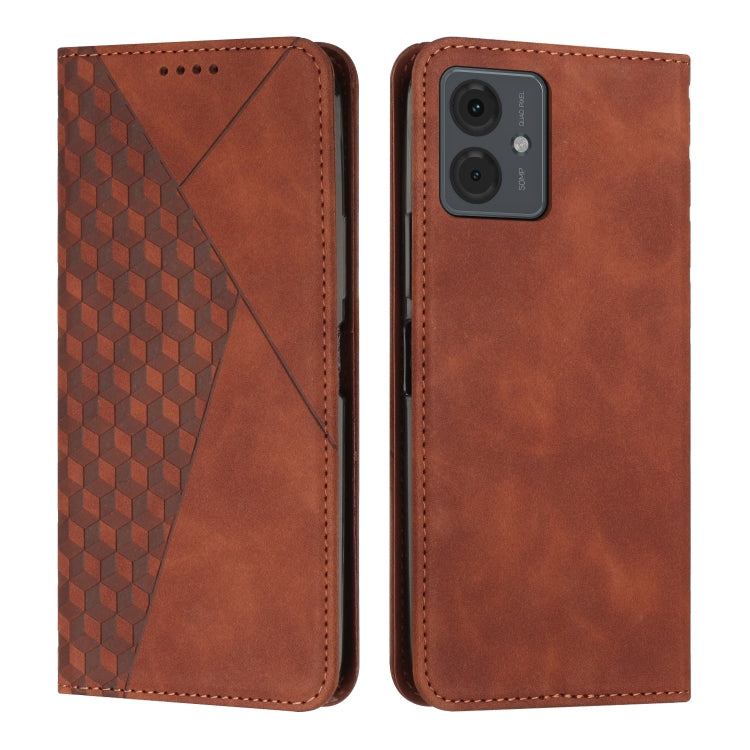 Brown magnetic leather phone case with diamond-pattern splicing and stitched edges
