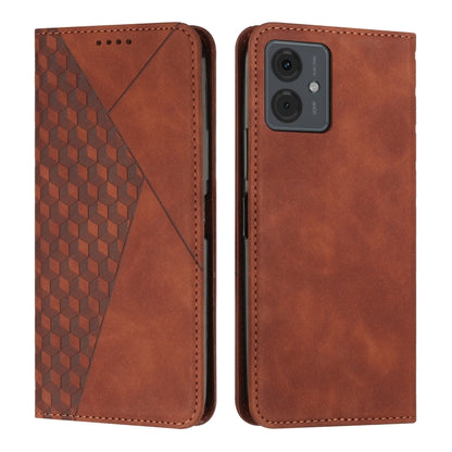 Brown magnetic leather phone case with diamond-pattern splicing and stitched edges