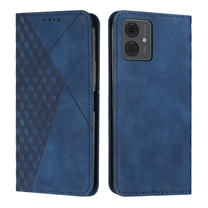 Blue magnetic leather phone case with diamond splicing texture and stitched trim