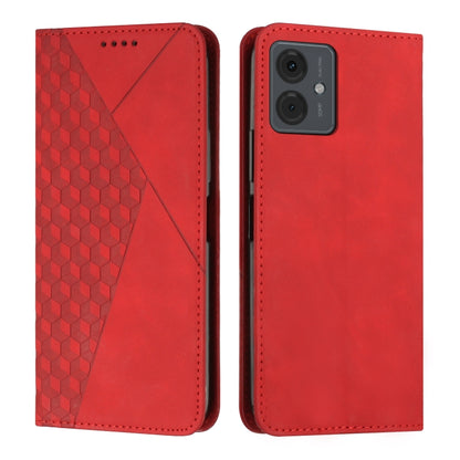 Red magnetic leather phone case with diamond-pattern panel and stitched edges