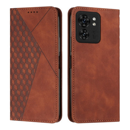 Brown magnetic leather phone case with diamond splicing front, smooth back, camera cutout