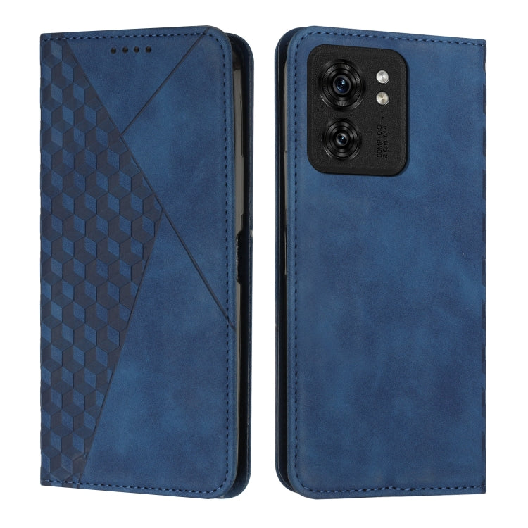 Blue magnetic leather phone case with diamond splicing front, smooth back, camera cutout