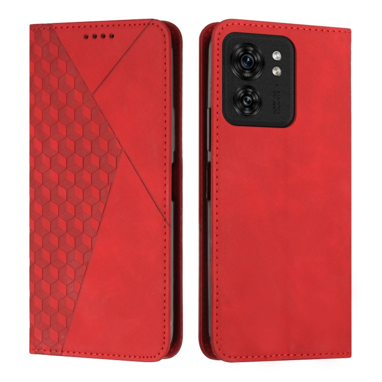 Red magnetic leather phone case with diamond splicing front, smooth back, camera cutout
