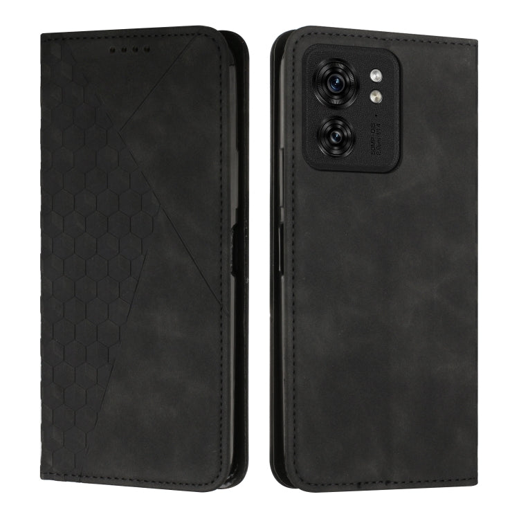 Magnetic leather phone case with diamond-pattern splicing, black, with camera cutouts