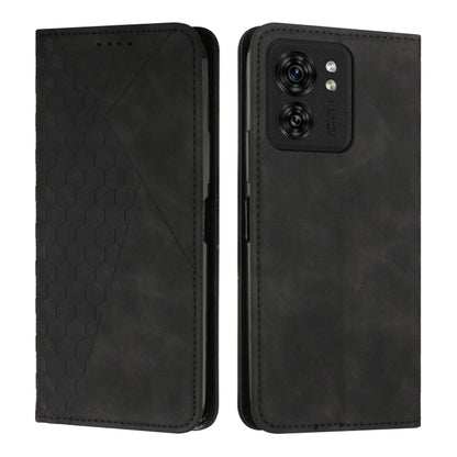 Magnetic leather phone case with diamond-pattern splicing, black, with camera cutouts