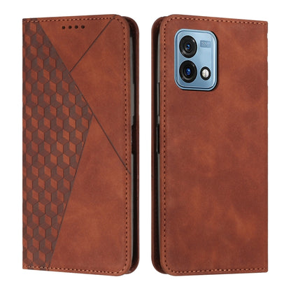 Brown magnetic leather phone case with diamond splicing texture, stitched edges, camera cutout