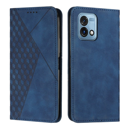 Blue magnetic leather phone case with diamond splicing texture, stitched edges, camera cutout