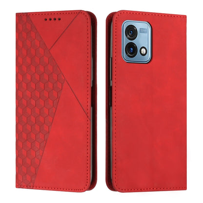 Red magnetic leather phone case with diamond splicing texture, stitched edges, camera cutout