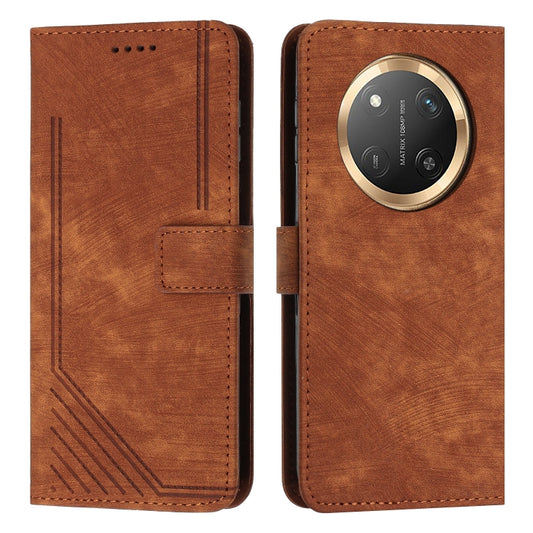 Brown leather phone case with stripe pattern, flip cover, and camera cutout