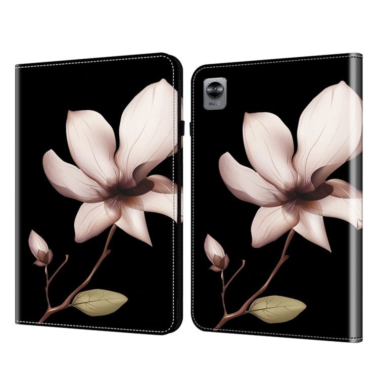 Tablet case with white flower and leaf print on dark background, hinged cover