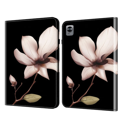 Tablet case with white flower and leaf print on dark background, hinged cover