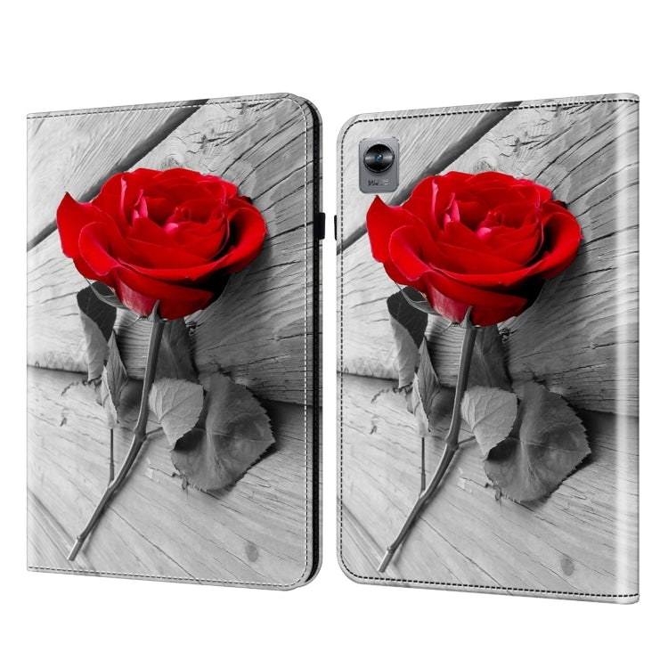 Tablet case with red rose and gray wood-grain print, hinged cover