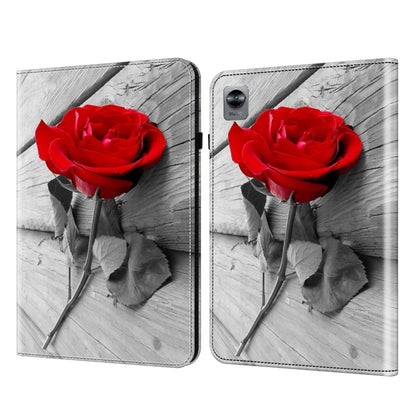 Tablet case with red rose and gray wood-grain print, hinged cover