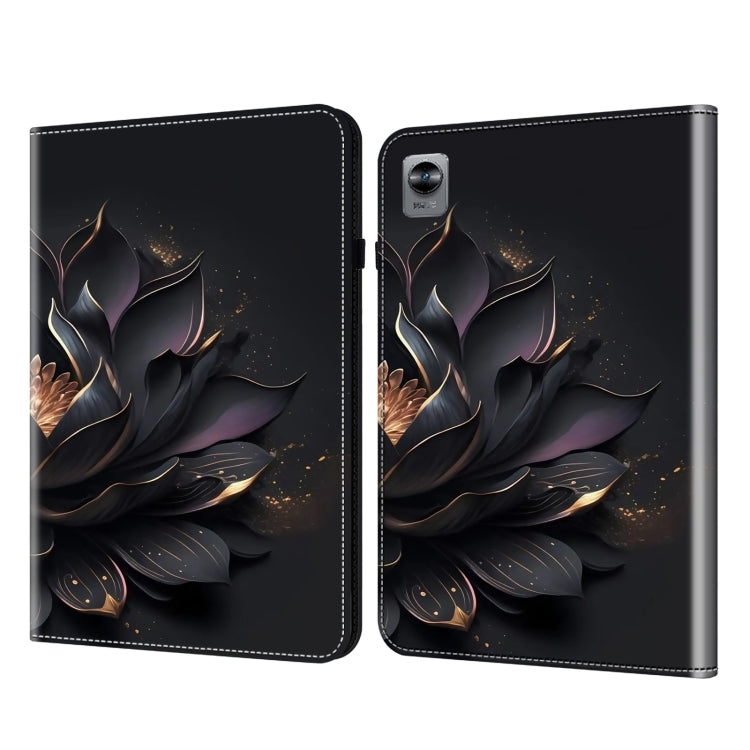 Tablet case with dark floral and gold glitter pattern, hinged cover