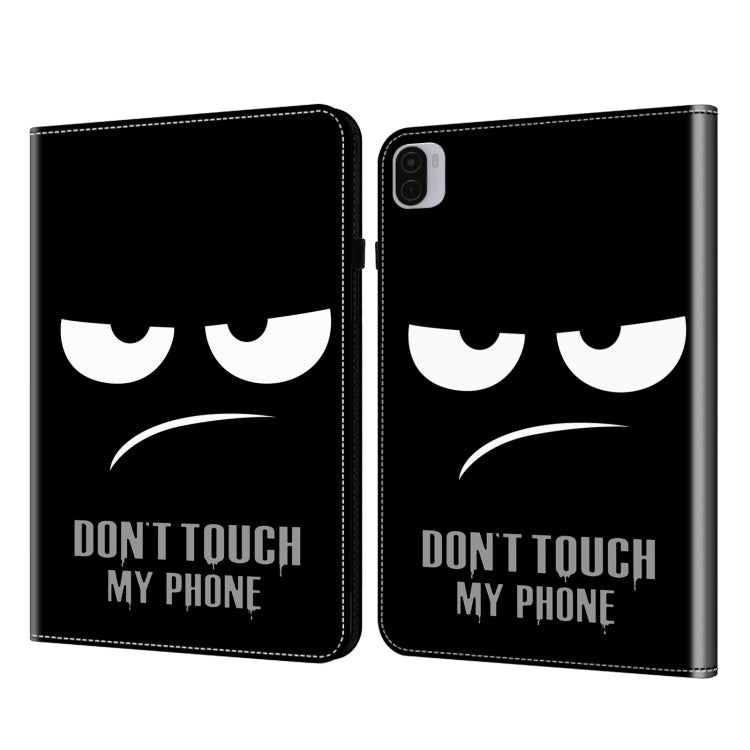 Tablet case with black cover and bold white text graphic, hinged cover
