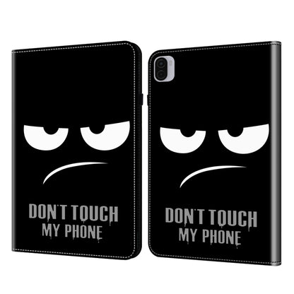 Tablet case with black cover and bold white text graphic, hinged cover