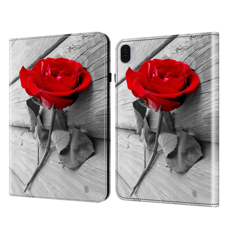 Tablet case with red rose and monochrome gray floral print, hinged cover
