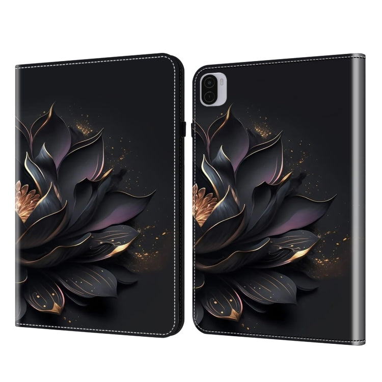 Tablet case with dark floral leaves and gold sparkle print, hinged cover