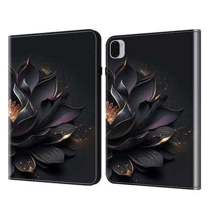 Tablet case with dark floral leaves and gold sparkle print, hinged cover