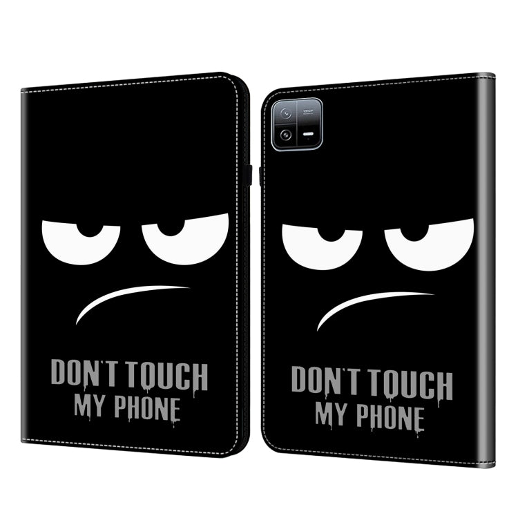 Black folio tablet case with cat-eye graphic and warning text, front and back