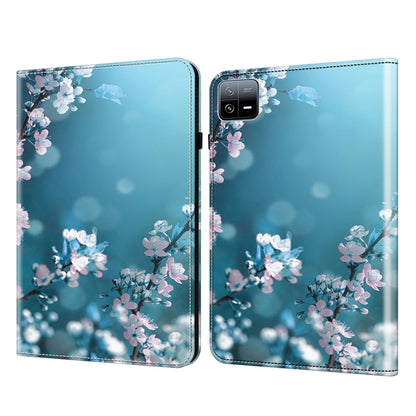 Crystal texture painted leather tablet case with blue floral branches and cutout camera area