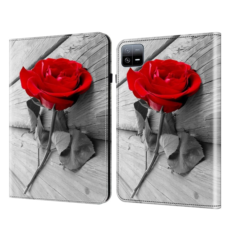 Crystal texture painted leather tablet case with red rose on light gray wood grain