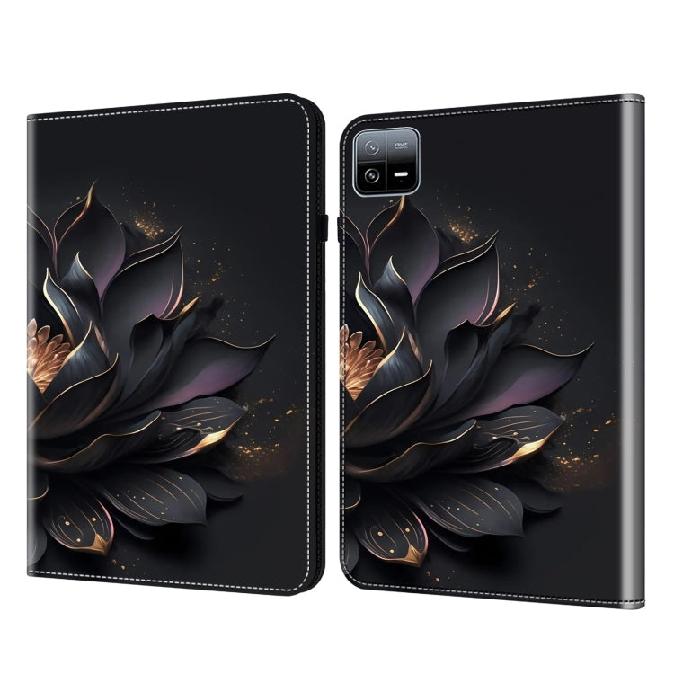Crystal texture painted leather tablet case with dark floral art and gold speckle accents