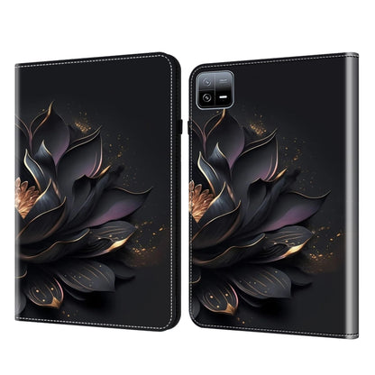 Crystal texture painted leather tablet case with dark floral art and gold speckle accents