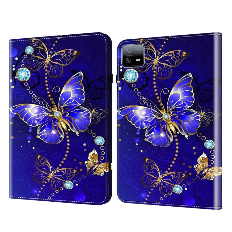 Crystal texture painted leather tablet case with blue butterflies and gold gem-like accents