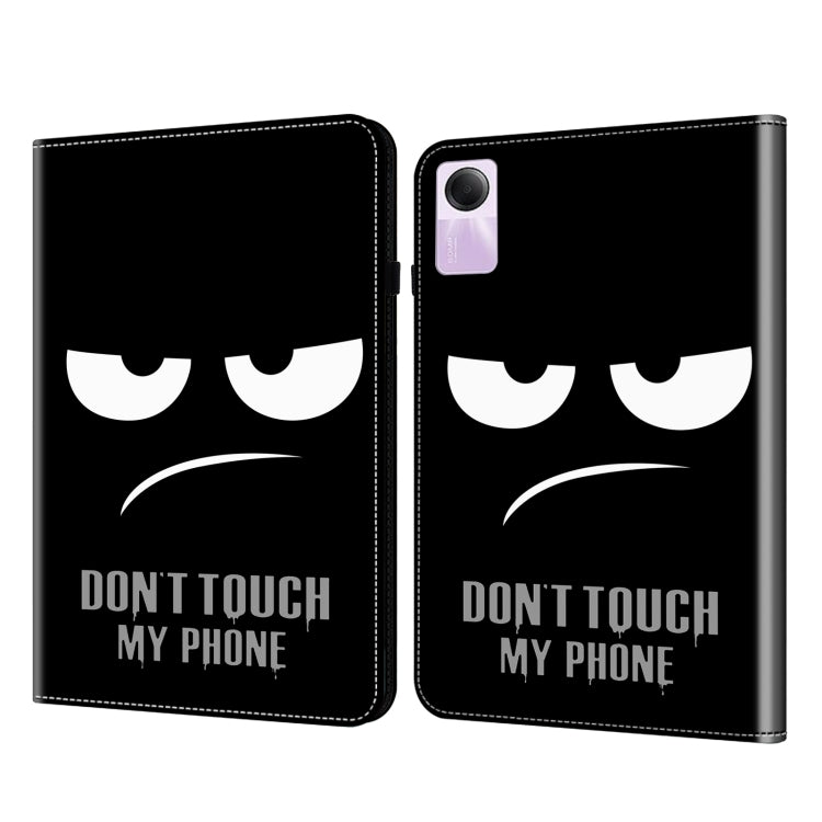 Black folio tablet case with cat-eye graphic and warning text